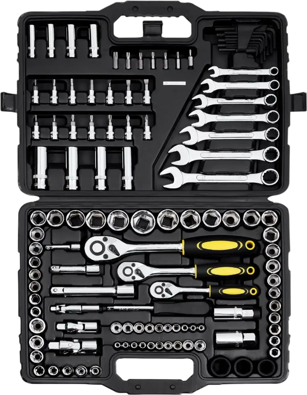 VEVOR 121-Piece Mechanics Tool Set, 1/4" 3/8" 1/2" Drive Sockets, SAE and Metric Mechanic Tool Kit with Bits, Wrenches, Ratchet Handle, Accessories, and Plastic Storage Case, for Automotive Repair