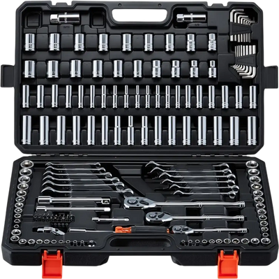 VEVOR Mechanics Tool Set, 159-Piece Mechanic Tool Kit, 1/4 in, 3/8 in, and 1/2 in Drive, SAE and Metric Socket Set, Wrenches, Screwdriver Bits, Accessories, and Storage Case, for Automotive Repair