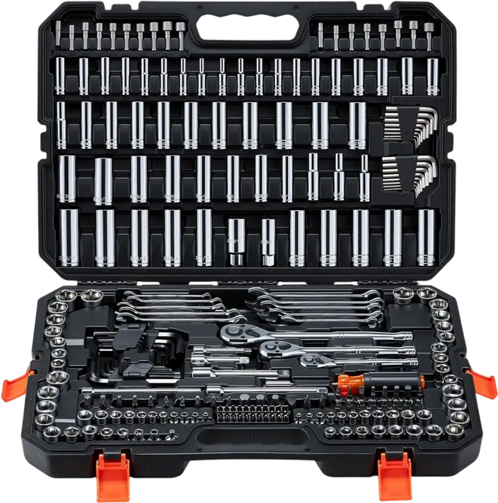 VEVOR Mechanics Tool Set, 253-Piece Mechanic Tool Kit, 1/4 in, 3/8 in, and 1/2 in Drive, SAE and Metric Socket Set, Wrenches, Screwdriver Bits, Accessories, and Storage Case, for Automotive Repair