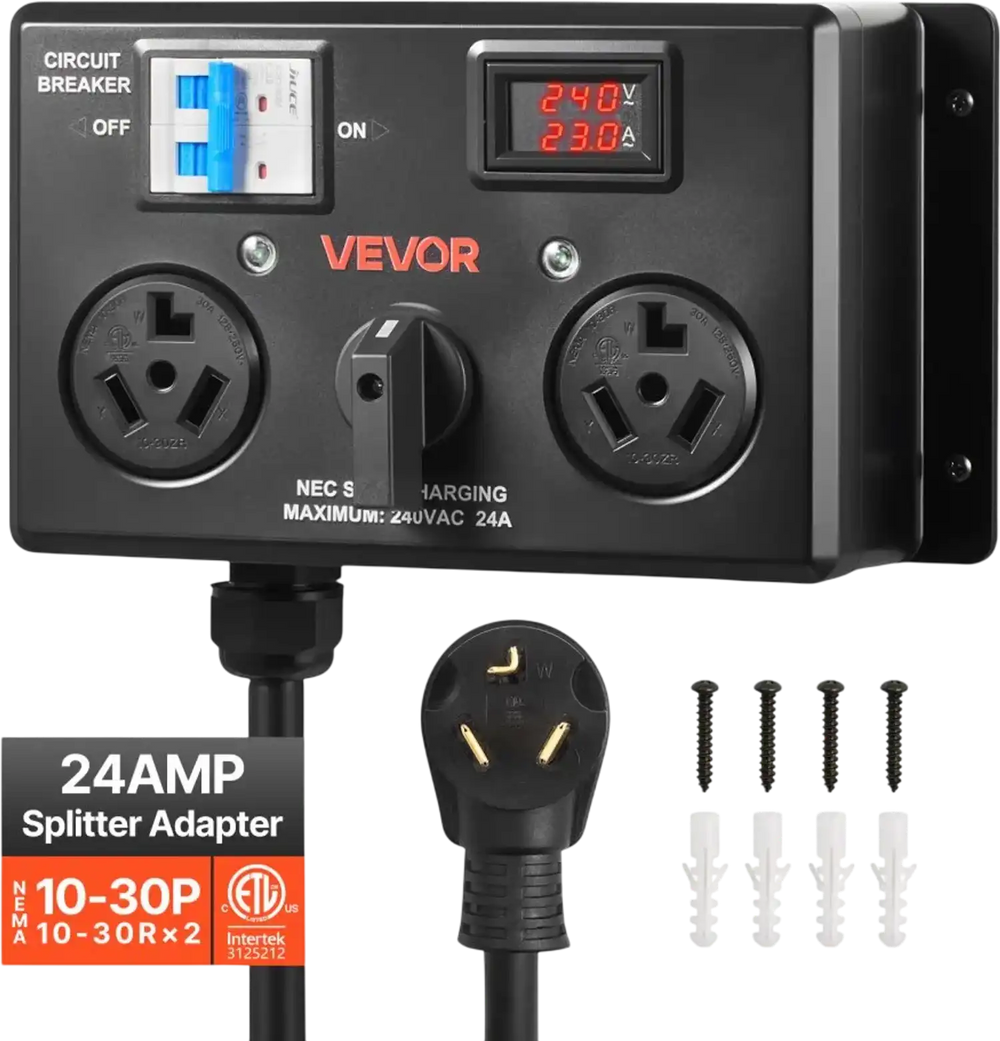 VEVOR Manual EV Charging Switch, NEMA 10-30, Splitter Switch for Dryer & EV, 24A Max 240V Manual Power Distribution with Circuit Breaker, Real-Time Display, Hand-Operated Selector, Plug and Play, ETL