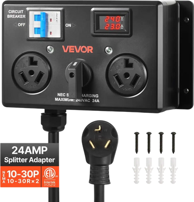 VEVOR Manual EV Charging Switch, NEMA 10-30, Splitter Switch for Dryer & EV, 24A Max 240V Manual Power Distribution with Circuit Breaker, Real-Time Display, Hand-Operated Selector, Plug and Play, ETL