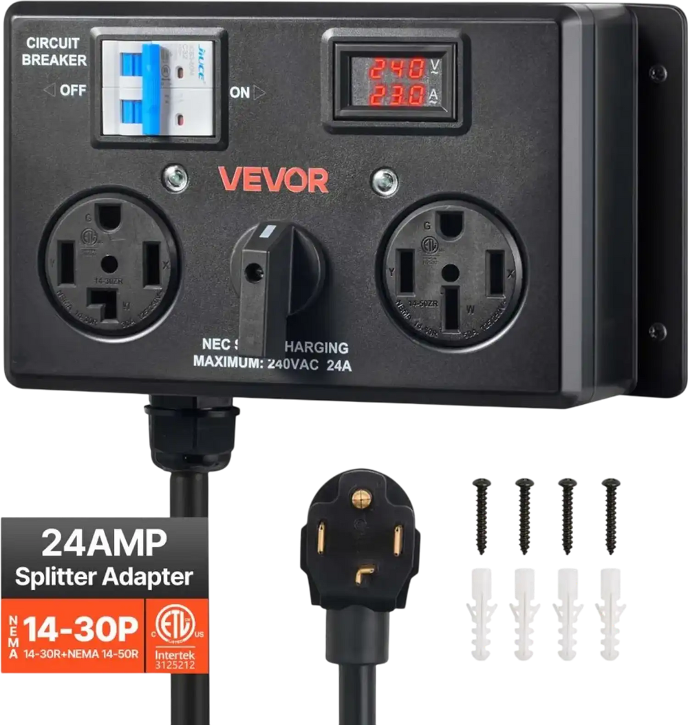 VEVOR Manual EV Charging Switch, NEMA 14-30P to 14-30R & 14-50R, Splitter Switch for Dryer & EV, 24A Max 240V Manual Power Distribution with Circuit Breaker, Hand-Operated Selector, Plug and Play, ETL