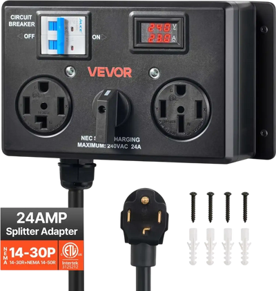 VEVOR Manual EV Charging Switch, NEMA 14-30P to 14-30R & 14-50R, Splitter Switch for Dryer & EV, 24A Max 240V Manual Power Distribution with Circuit Breaker, Hand-Operated Selector, Plug and Play, ETL