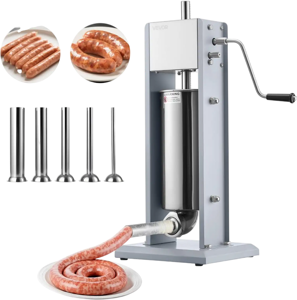 VEVOR Manual Sausage Stuffer, 11 LBS / 5 L Vertical Meat Stuffer, Heavy Duty Sausage Casing Meat Stuffing Machine, Dual-Speed Stainless Steel Filler with 5 Filling Tubes, for Commercial and Home Use