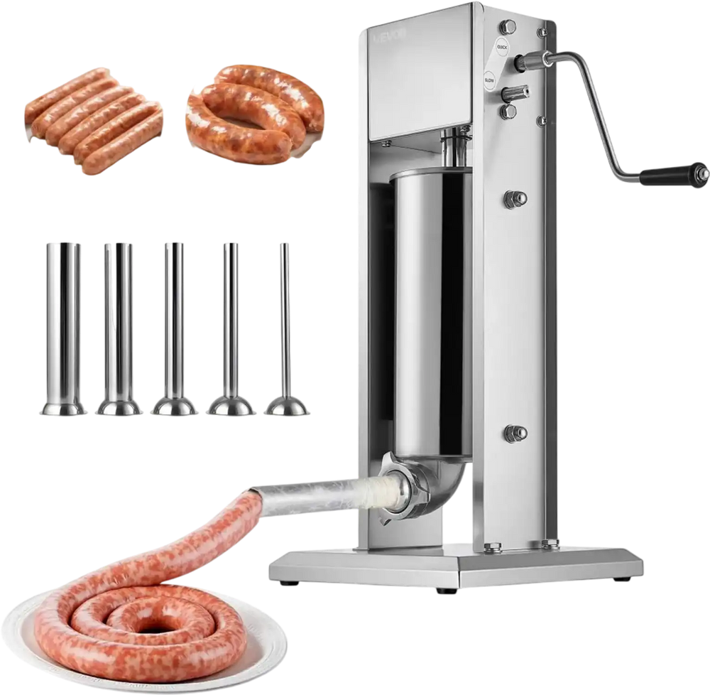 VEVOR Manual Sausage Stuffer, 11 LBS / 5 L Vertical Meat Stuffer, Dual-Speed Sausage Casing Meat Filling Machine, Stainless Steel Heavy Duty Filler with 5 Stuffing Tubes, for Commercial & Home Use