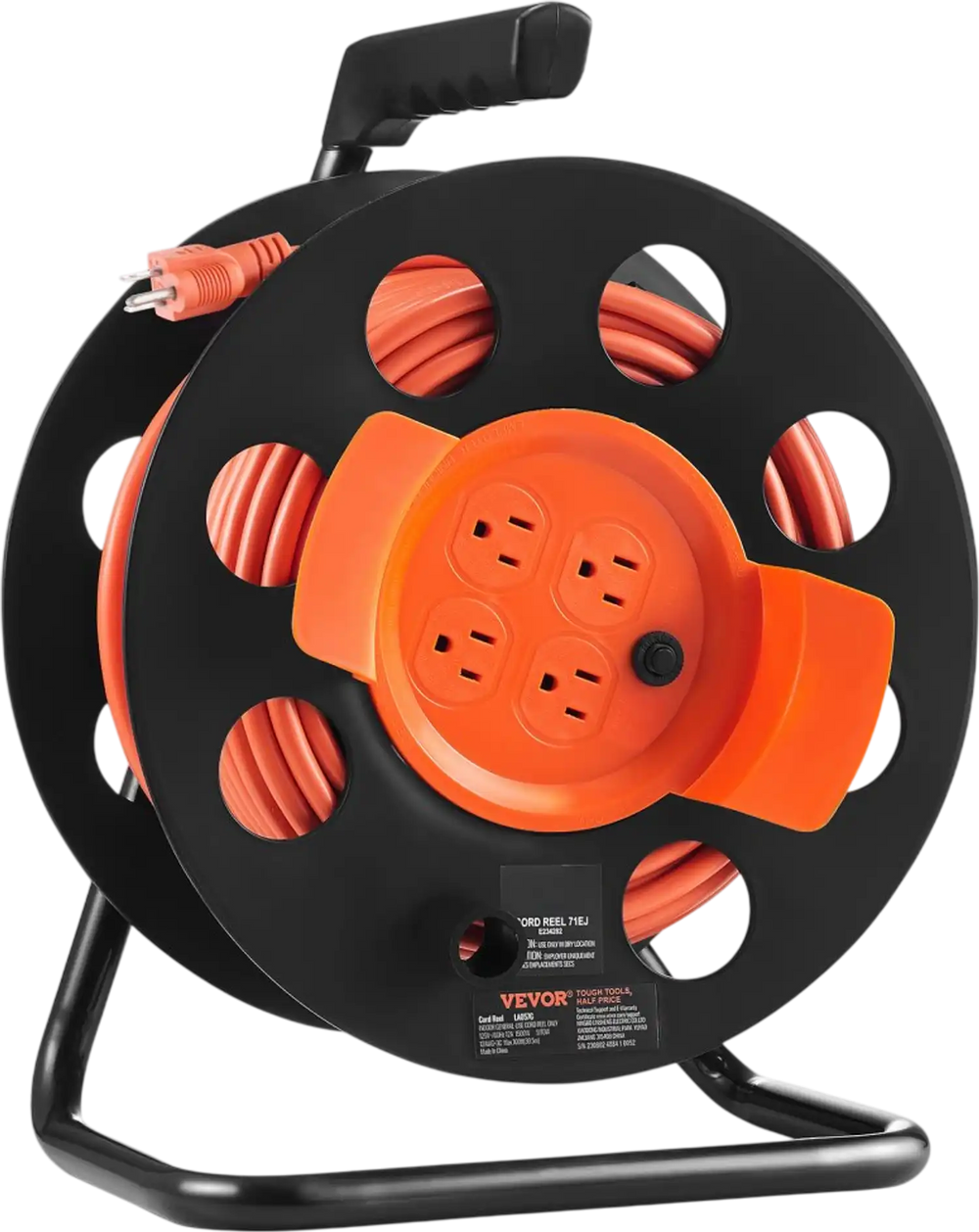 VEVOR Extension Cord Reel, 100FT, with 4 Outlets and Dust Cover, Heavy Duty 12AWG SJTOW Power Cord, Manual Cord Reel with Portable Handle Circuit Breaker, for Toolshed Garage, Tested to UL Standards