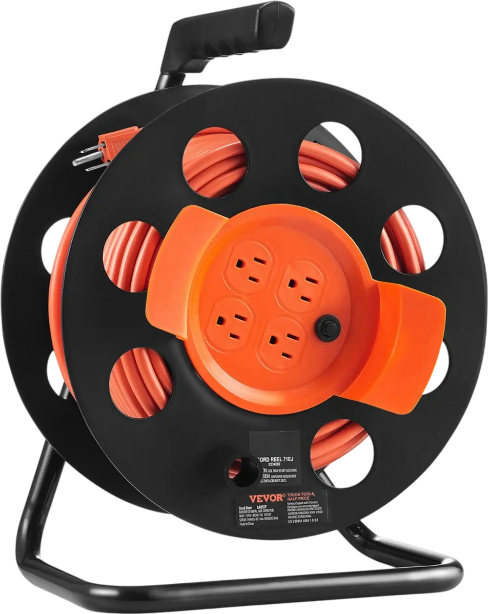 VEVOR Extension Cord Reel, 100FT, with 4 Outlets and Dust Cover, Heavy Duty 14AWG SJTOW Power Cord, Manual Cord Reel with Portable Handle Circuit Breaker, for Toolshed Garage, Tested to UL Standards