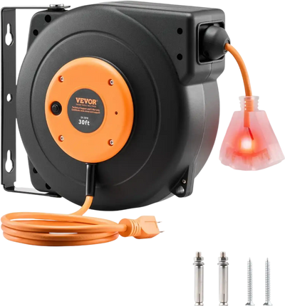 VEVOR Retractable Extension Cord Reel, 30 FT, Heavy Duty 16AWG/3C SJTOW Power Cord, with Lighted Triple Tap Outlet 10 Amp Circuit Breaker, for Ceiling or Wall Mount Garage and Shop, ETL Listed