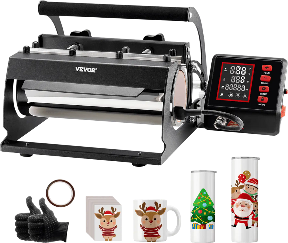VEVOR Tumbler Heat Press Machine, 11-30oz Mug Press, Heat Up Fast and Even, Tumbler Press with Sublimation Paper, Tape and Gloves, Temp and Time Setting, for Sublimation Tumblers, Cups, Mugs, Black