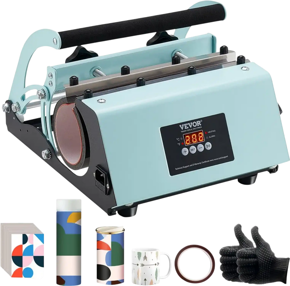 VEVOR Tumbler Heat Press Machine, 11-30oz Mug Press, Heat Up Fast and Even, Tumbler Press with Sublimation Paper, Tape and Gloves, Temp and Time Setting, for Sublimation Tumblers, Cups, Mugs, Green