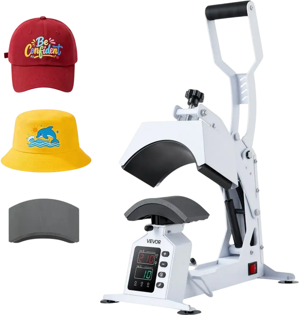 VEVOR Hat Heat Press Machine, with 2 Interchangeable Platens and Caps Stretcher, Precise Temperature & Time Control, Heat Press for Hats and Caps, for HTV Iron On and Sublimation Projects, White