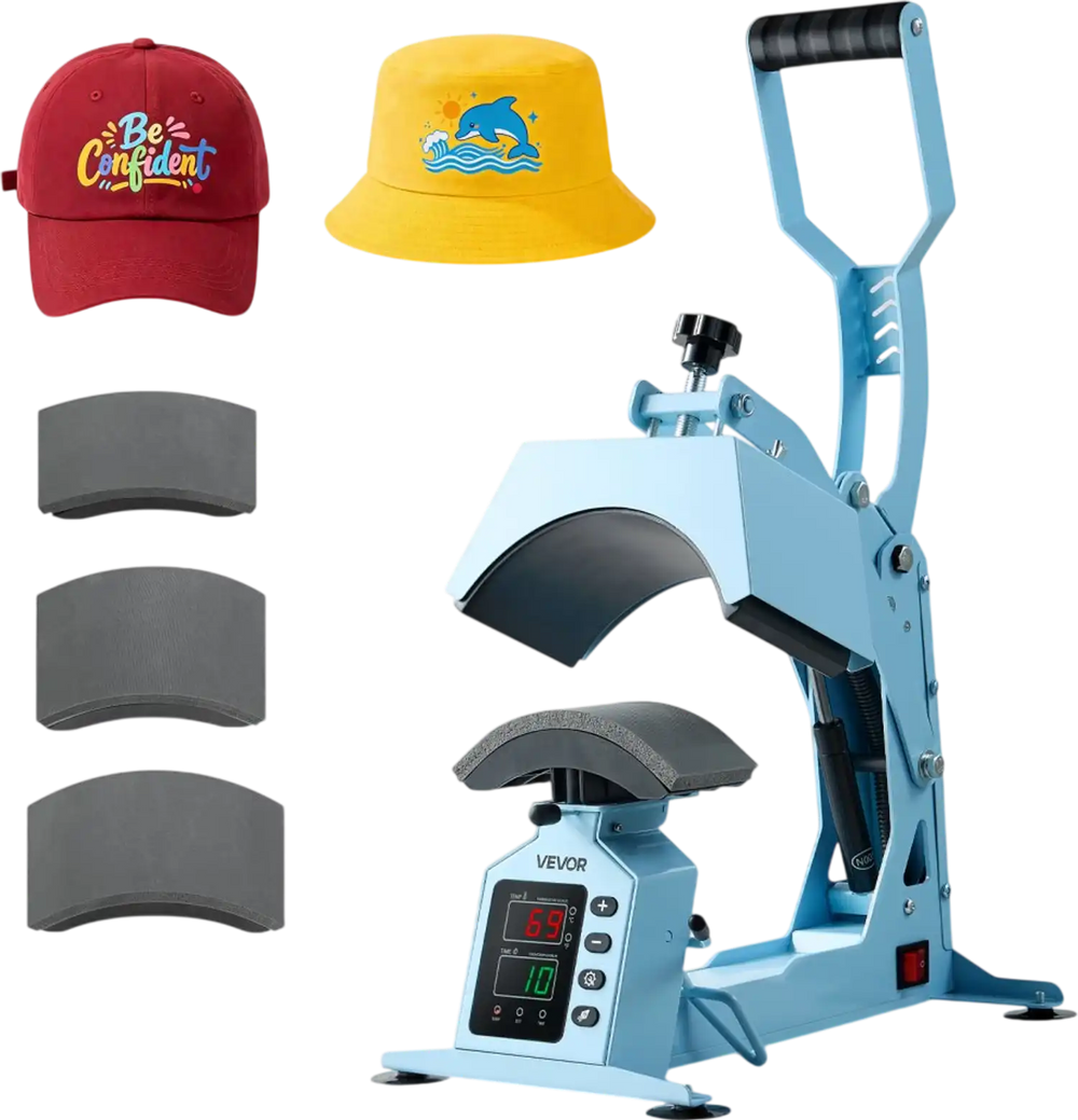 VEVOR Hat Heat Press Machine, with 4 Interchangeable Platens and Caps Stretcher, Precise Temperature & Time Control, Heat Press for Hats and Caps, for HTV Iron On and Sublimation Projects, Light Blue