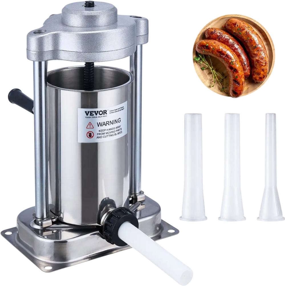 VEVOR Manual Sausage Stuffer, 2 L / 5 LBS Vertical Sausage Machine with G-type Clamp, Food-Grade 304 Stainless Steel Barrel with 2 Stuffing Tubes, for Home Kitchen Restaurant Commercial