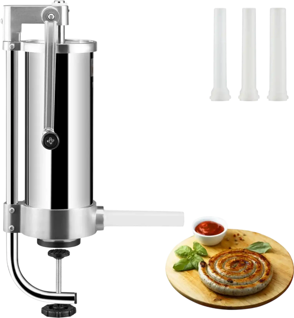 VEVOR Sausage Stuffer, 5LBS/3L Capacity, 304 Stainless Steel Vertical Sausage Stuffer, Sausage Filling Machine with 3 Stuffing Tubes, Suction Base and Manual Crank for Household or Commercial Use