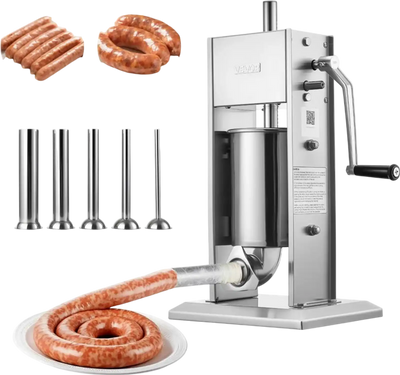 VEVOR Manual Sausage Stuffer, 7 LBS / 3 L Vertical Meat Stuffer, Heavy Duty Sausage Casing Meat Stuffing Machine, Dual-Speed Stainless Steel Filler with 5 Filling Tubes, for Commercial and Home Use