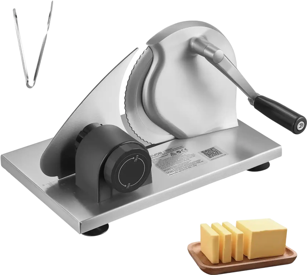 VEVOR Manual Bread Slicer, 0-0.6" Adjustable Thickness Cheese Cutter, Hand Cranked Slicer for Homemade Bread - with Serrated Stainless Steel Blade for Kitchen, Restaurant, Bakery, Party