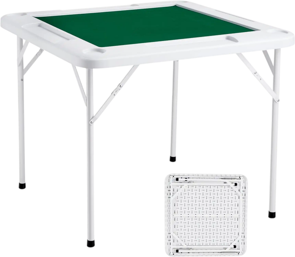 VEVOR Mahjong Table, 4 Player Folding Domino Table with Wear-Resistant Green Tabletop, Portable Square Card Table with 4 Cup Holders & 4 Chip Trays for Mahjong Poker Puzzles, 35.4 x 35.4-inch