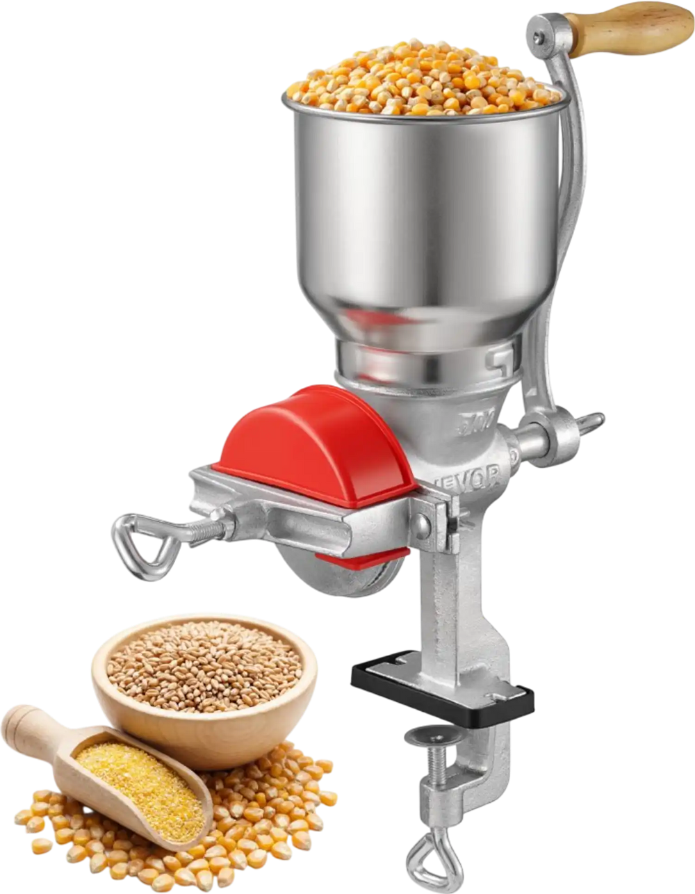 VEVOR Manual Grain Mill with High Hopper, Hand-Crank Corn Grinder, Heavy Duty Cast Iron Wheat Grinding Mill with Stable Table Clamp & Dust Cover for Grains Spices Coffee Beans Nuts