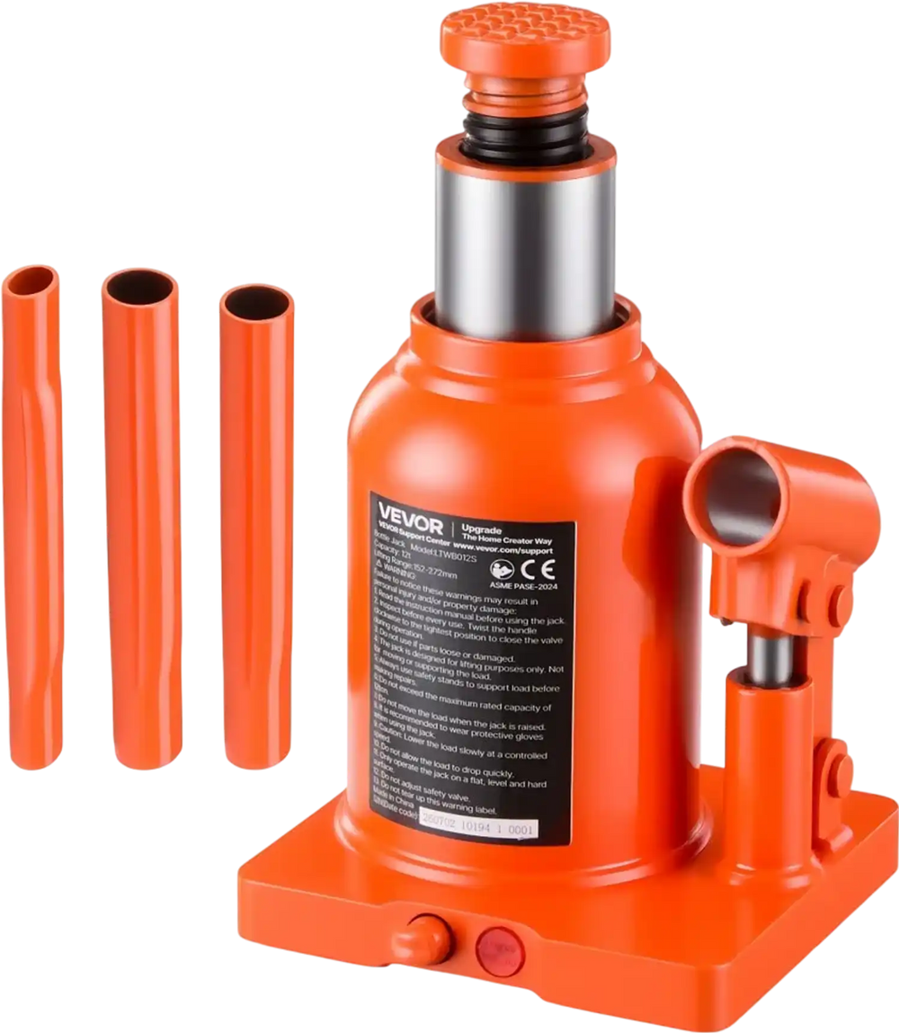 VEVOR Hydraulic Bottle Jack 12 Ton (26455.5 lbs) 5.98"-10.71" Lifting Range, for Heavy-Duty Pickup, Medium-Duty Truck, RV, Auto Repair and House Lift, Welded Jack with 3-Section Long Handle, Orange