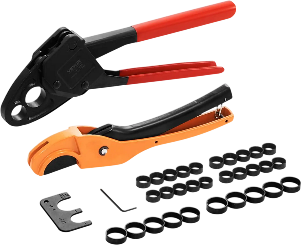 VEVOR PEX Pipe Crimping Tool, Angle Dual Head Combo PEX/PE-RT Crimper for 1/2" and 3/4" Copper Crimp Rings, 30 Copper Crimp Rings, PEX/PE-RT Tubing Cutter, Go/No-Go Gauge, Meets ASTM F1807 Standards