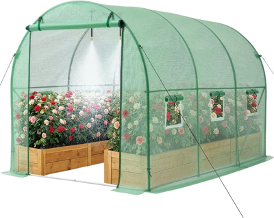 VEVOR Walk-in Tunnel Greenhouse, 10 x 7 x 7 ft Hoop House Greenhouse Tunnel, Plant Hot House with 4 Nozzles, 26.25 ft Hose, Steel Frame, PE Cover, Roll-up Zipper Door and 6 Windows for Outdoors, Green