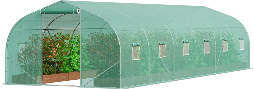 VEVOR Walk-in Tunnel Greenhouse, 29.5x9.8x6.6 ft Hoop House Greenhouse Tunnel, Peaked Roof Plant Hot House with Galvanized Steel Frame, Green PE Cover, Roll-up Zipper Door and 12 Windows for Outdoor