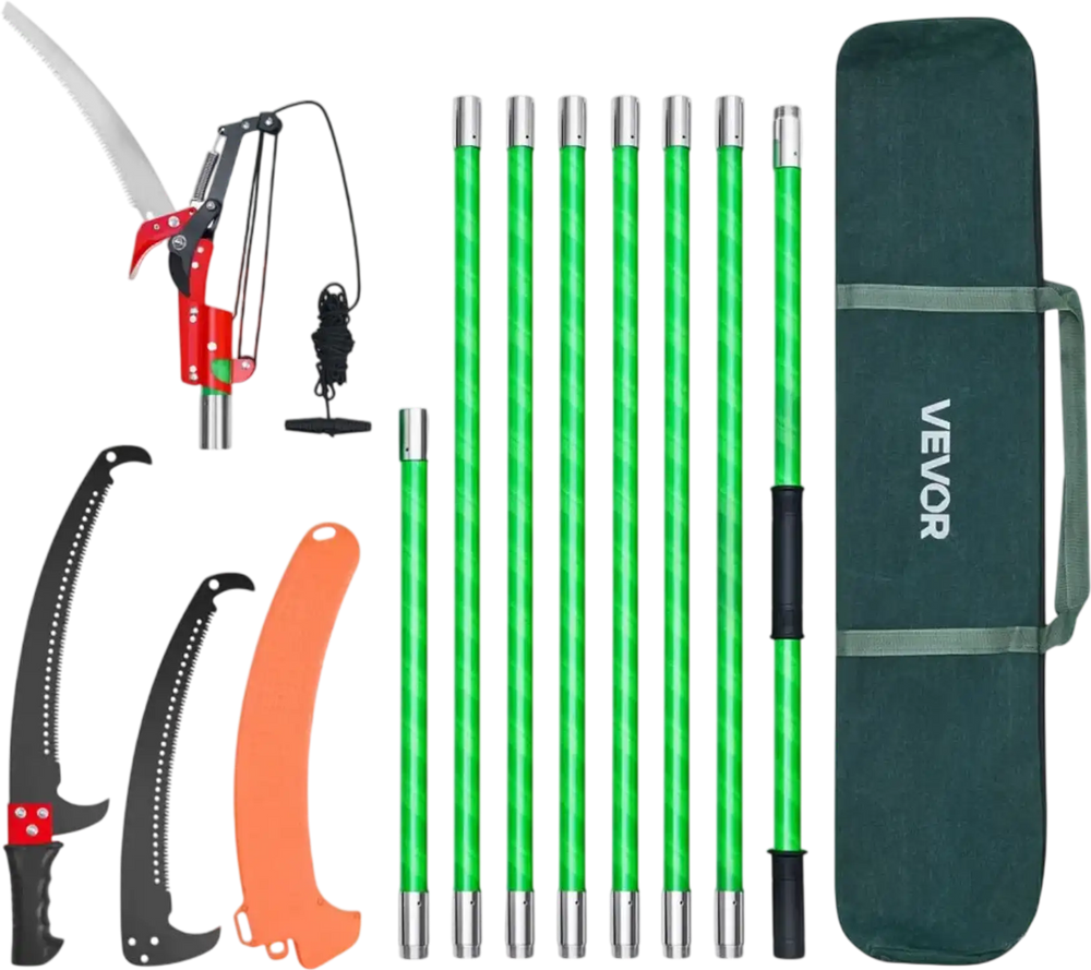 VEVOR Manual Pole Saw, 3.87-27 ft Extendable Pole Tree Pruner with Scissors, Sharp 65Mn Steel Blade, Lightweight Fiberglass Handle Pole, for High Branch Trimming, Pruning Tool for Palms and Shrubs