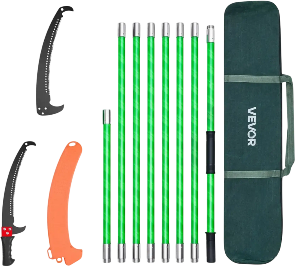 VEVOR Manual Pole Saw, 3.87-27 ft Extendable Pole Tree Pruner, Sharp 65Mn Steel Blade, Lightweight Fiberglass Handle Pole, Double-Hook Saw for High Branch Trimming, Pruning Tool for Palms, Shrubs