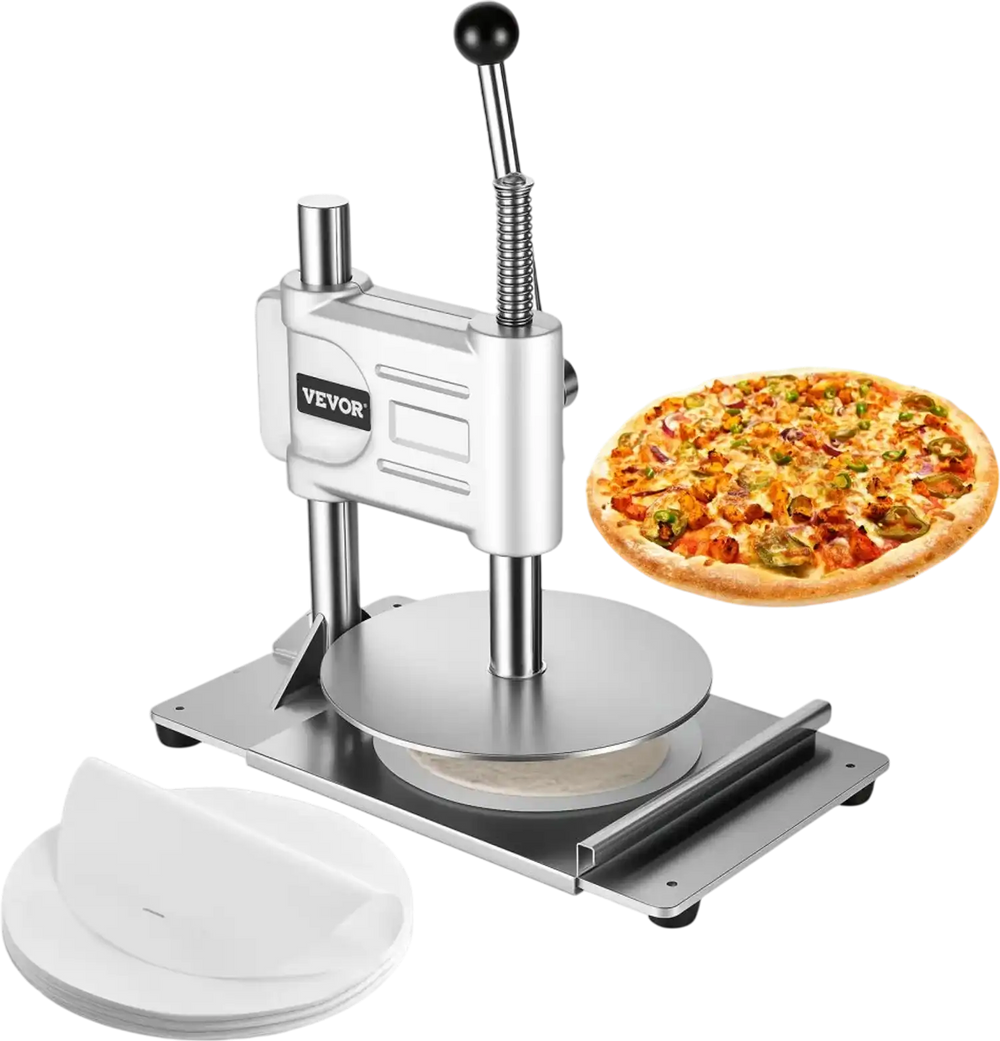 VEVOR Manual Pizza Dough Press Machine, 9.5 inch Pizza Pastry Press Plate, Stainless Steel Bread Presser, Commercial Chapati Sheet Crust Maker, Forming Machine with Handle and 100 Pcs Parchment Paper