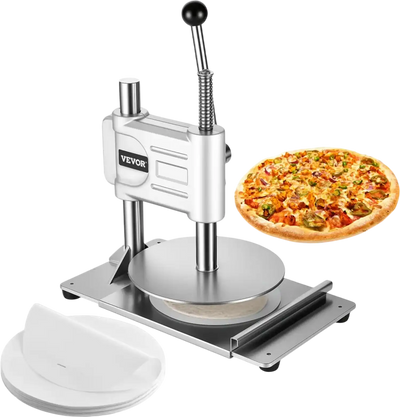 VEVOR Manual Pizza Dough Press Machine, 9.5 inch Pizza Pastry Press Plate, Stainless Steel Bread Presser, Commercial Chapati Sheet Crust Maker, Forming Machine with Handle and 100 Pcs Parchment Paper