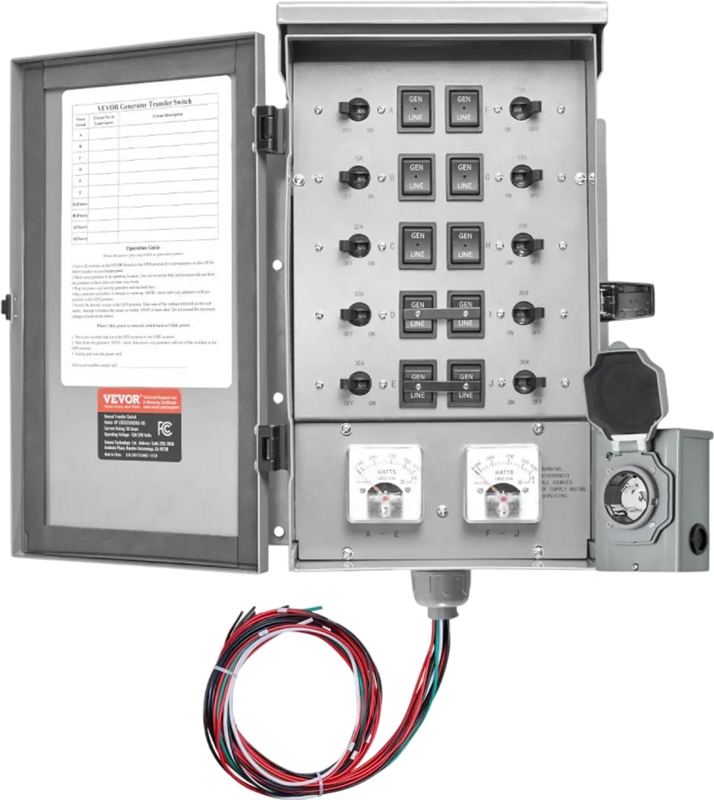 VEVOR Manual Transfer Switch, 50-Amp 10-Circuit, Prewired Generator Transfer Switch Kit with CS6375 Plug Power Inlet Box, Double-Throw Switch, NEMA 3R, Mechanical Watt Meter, for 12500W Generators