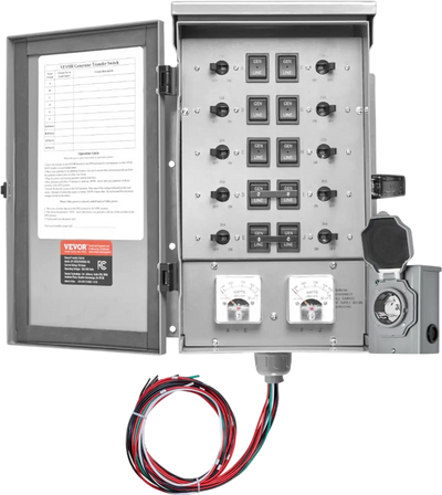 VEVOR Manual Transfer Switch, 50-Amp 10-Circuit, Prewired Generator Transfer Switch Kit with CS6375 Plug Power Inlet Box, Double-Throw Switch, NEMA 3R, Mechanical Watt Meter, for 12500W Generators