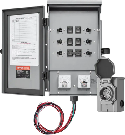 VEVOR Manual Transfer Switch, 30-Amp 6-Circuit, Prewired Generator Transfer Switch Kit with NEMA L14-30P Power Inlet Box, Double-Throw Switch, NEMA 3R, Mechanical Watt Meter, for 7500W Generators