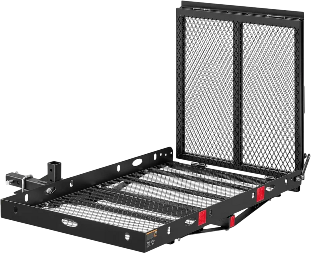 VEVOR Hitch Mount Wheelchair Carrier Height Adjustable, 500LBS Steel Mobility Scooter Carrier Cargo Basket with Double-Folding Ramp & Stabilizer Kit, Fit 2" Hitch Receiver for Truck SUV Car, 50" x 28"