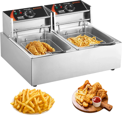 VEVOR Commercial Deep Fryer, Dual Tank 3000W Electric Countertop Fryer with Basket, 2 x 9.1Qt/8.6L Double Stainless Steel Oil Fryer, with Temp Control & Overheat Protection, for Kitchen Restaurant Use