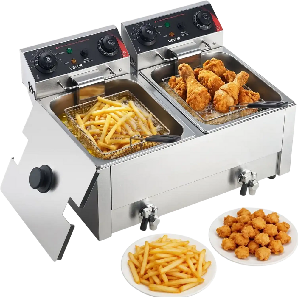 VEVOR Commercial Electric Deep Fryer, Upgrade Dual Tank 19 Qt, 3500W Stainless Steel Countertop Fryer with Baskets & Lids, Temp Control, Timer, Overheat Protection, for Commercial Restaurant, Silver