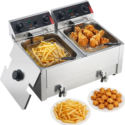 VEVOR Commercial Electric Deep Fryer, Upgrade Dual Tank 19 Qt, 3500W Stainless Steel Countertop Fryer with Baskets & Lids, Temp Control, Timer, Overheat Protection, for Commercial Restaurant, Silver