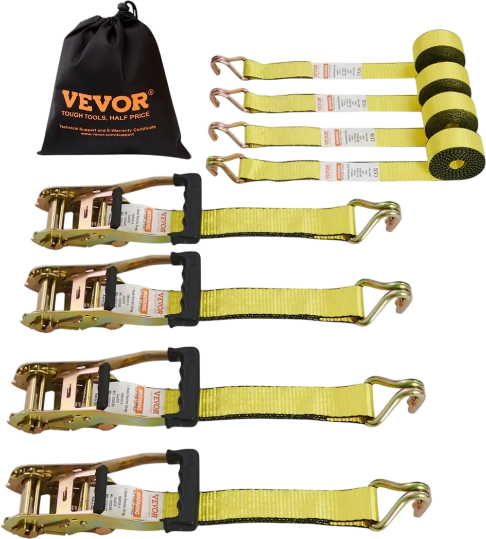 VEVOR Ratchet Tie Down Straps (4PK), 5000 lb Break Strength, Double J Hook Includes 4 Premium 2" x 15' Rachet Tie Downs with Padded Handles, for Moving Securing Cargo, Appliances, Lawn Equipment