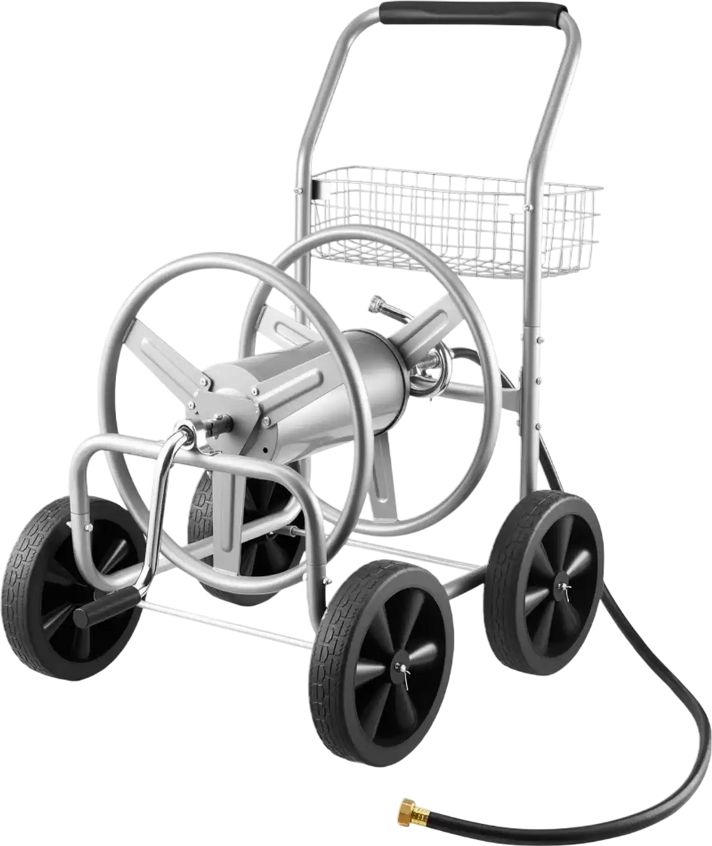 VEVOR Hose Reel Cart, Hold Up to 300 ft of 5/8’’ Hose, Garden Water Hose Carts Mobile Tools with 4 Wheels, Heavy Duty Powder-coated Steel Outdoor Planting with Storage Basket, for Garden, Yard, Lawn