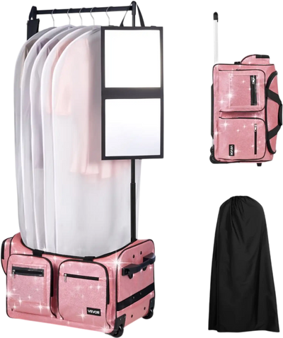 VEVOR Dance Bag with Garment Rack, 23 Inch Rolling Dance Duffel, with Wheels, USB Port, Height Adjustable Clothes Rack, Privacy Protection Curtain, Ideal for Travel and Competitions, Sparkling Pink