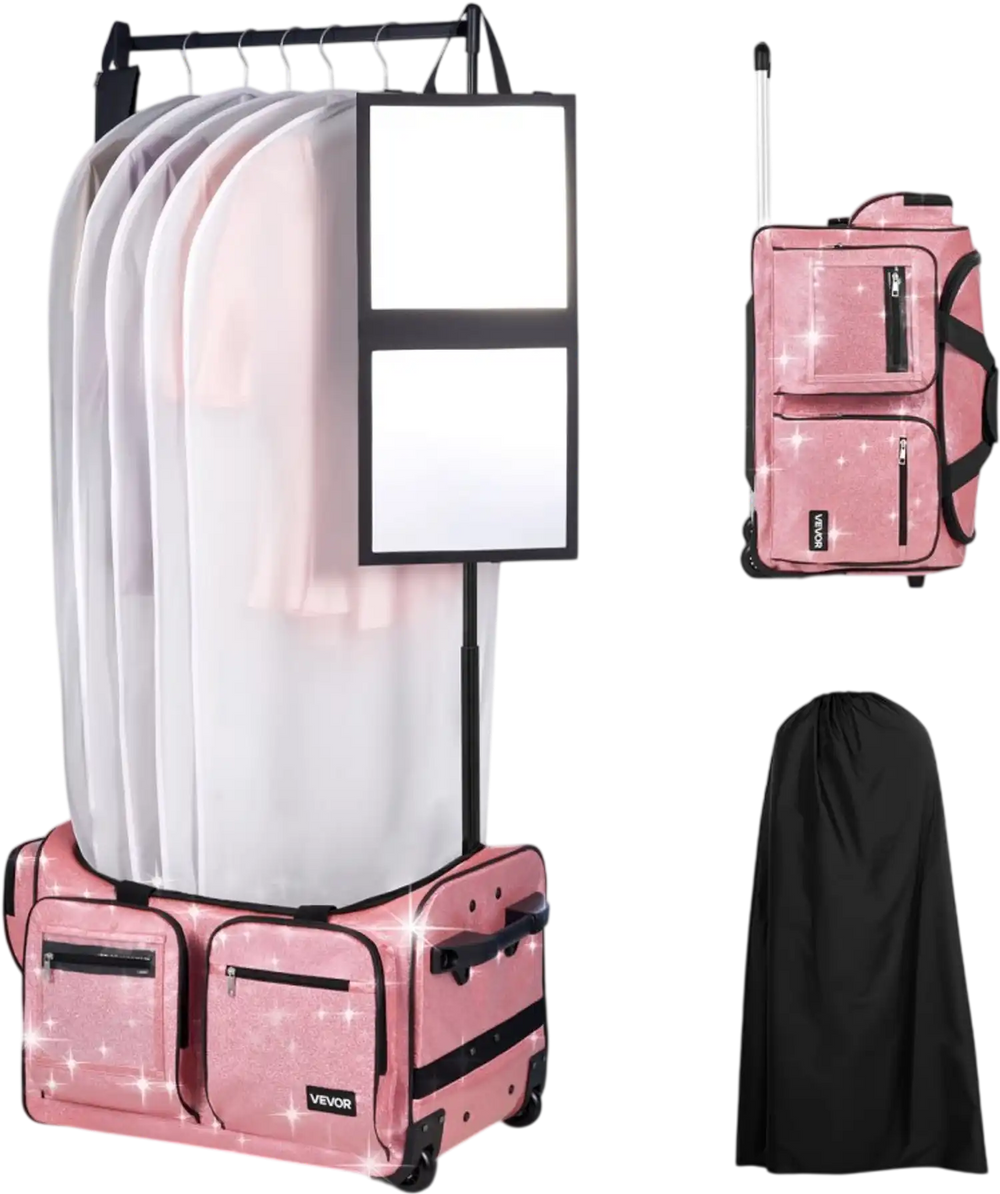 VEVOR Dance Bag with Garment Rack, 23 Inch Rolling Dance Duffel, with Wheels, USB Port, Height Adjustable Clothes Rack, Privacy Protection Curtain, Ideal for Travel and Competitions, Sparkling Pink
