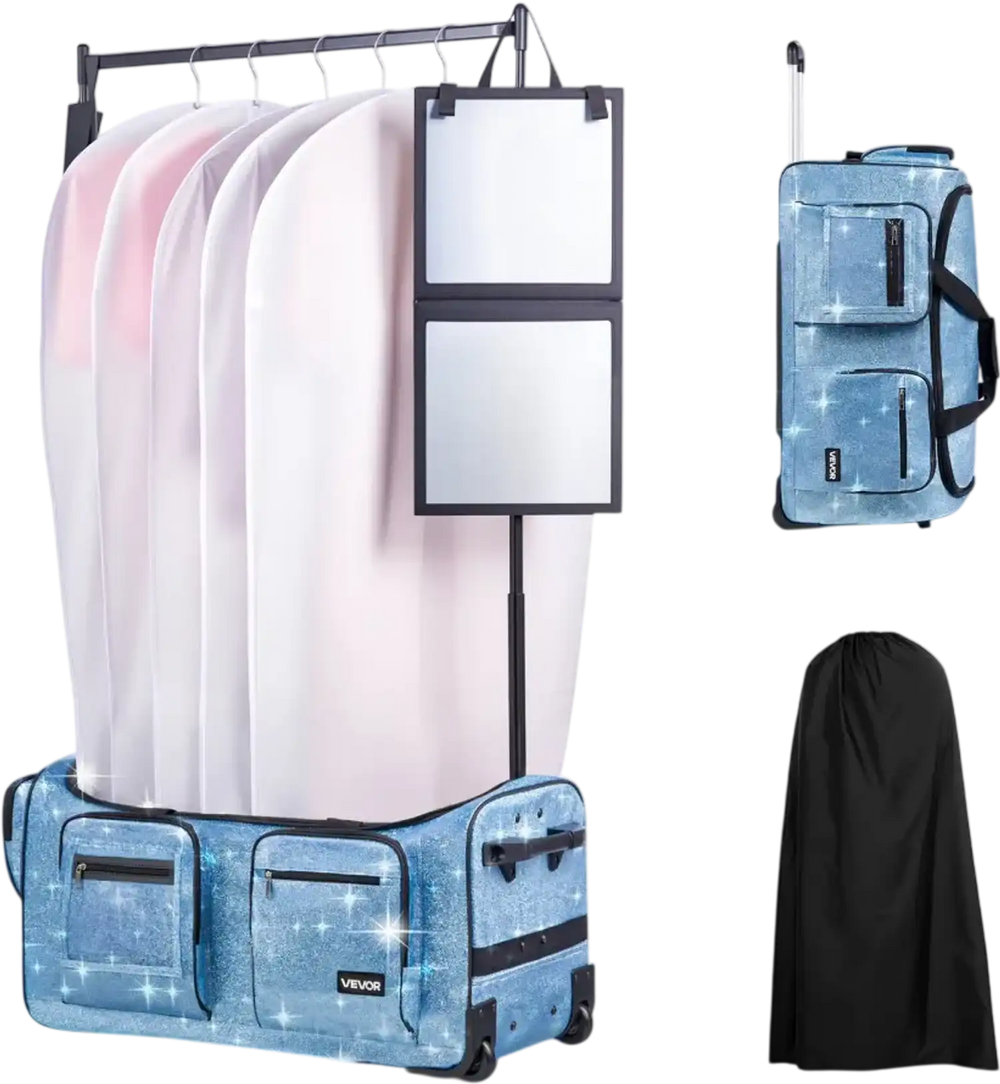 VEVOR Dance Bag with Garment Rack, 29 Inch Rolling Dance Duffel, with Wheels, USB Port, Height Adjustable Clothes Rack, Privacy Protection Curtain, Ideal for Travel and Competitions, Sparkling Blue