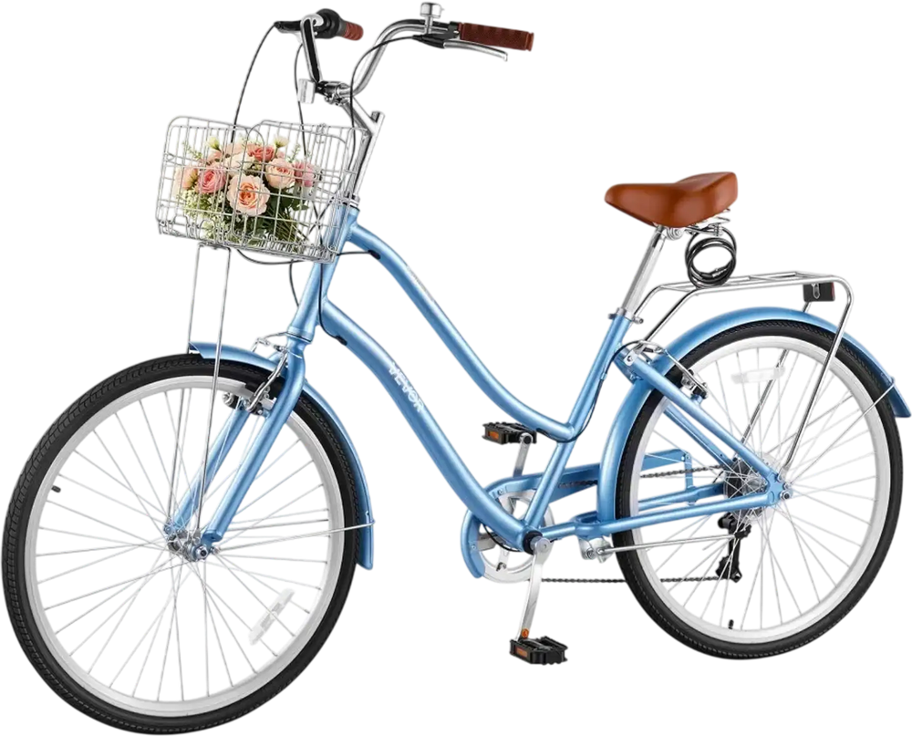 VEVOR Women Bike, 26 in Beach Cruiser Bike, 7-Speed Adult City Bicycle with Aluminum Alloy Frame, 330 lbs Capacity, Basket, Rear Rack & Dual V-Brakes, Light Blue