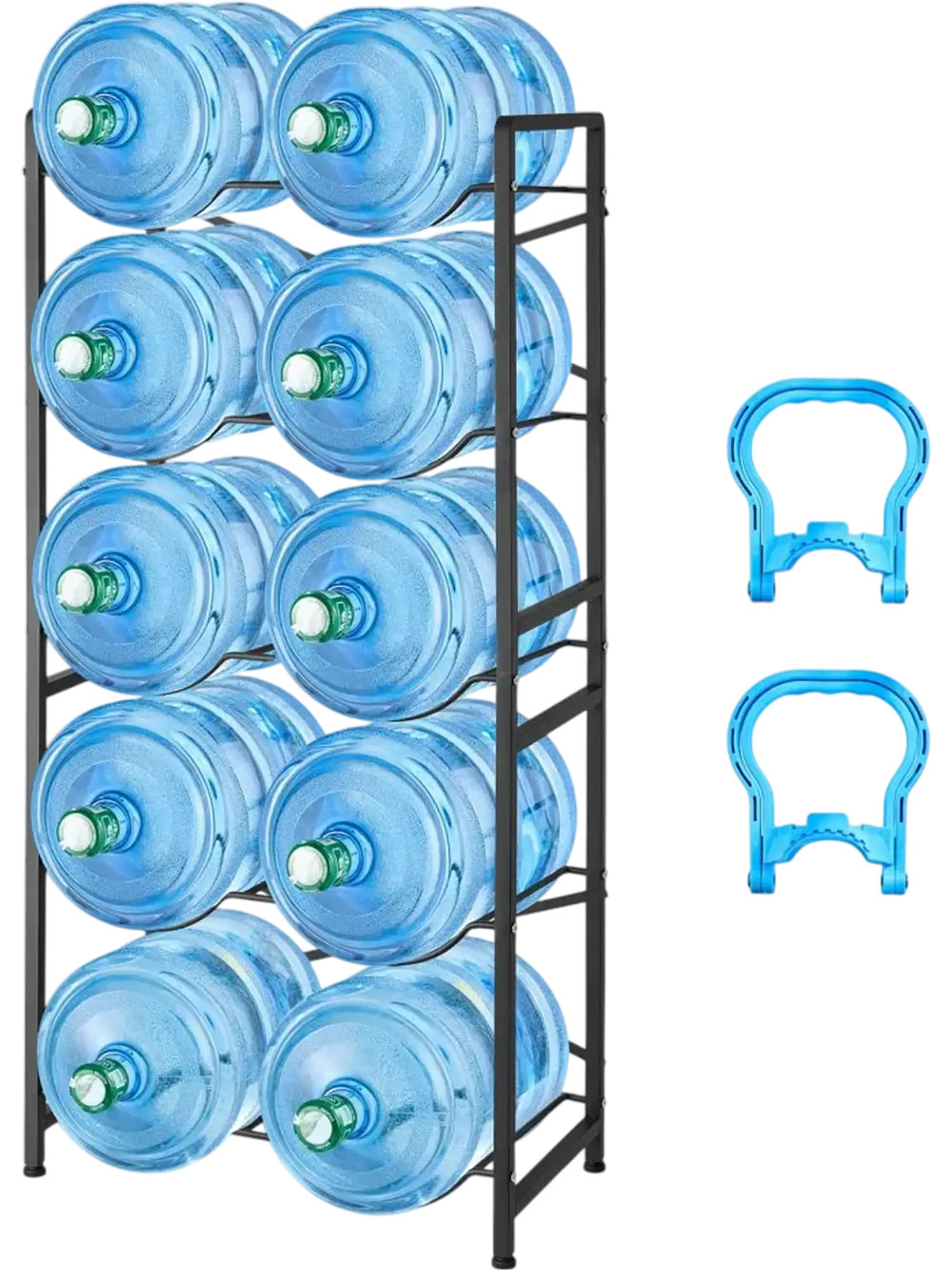 VEVOR Water Jug Holder, 5 Tiers Double Rows 3 and 5 Gallon Water Bottle Holder for 10 Bottles, Heavy Duty Jug Rack Organizer with Handles, Easy Assembly, for Kitchen, Office, Living Room, Black