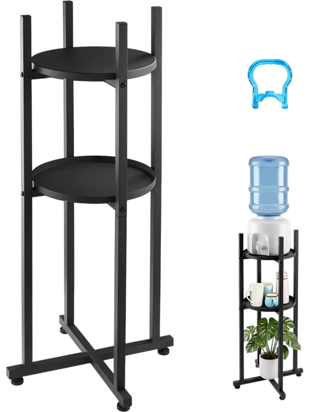 VEVOR Water Dispenser Stand, 2 Tiers Water Jug Holder for 1 Bottle, Heavy Duty Jug Rack Organizer with Detachable Storage Shelf, Cross-Shaped Stable Base, for Kitchen, Office, Living Room, Black