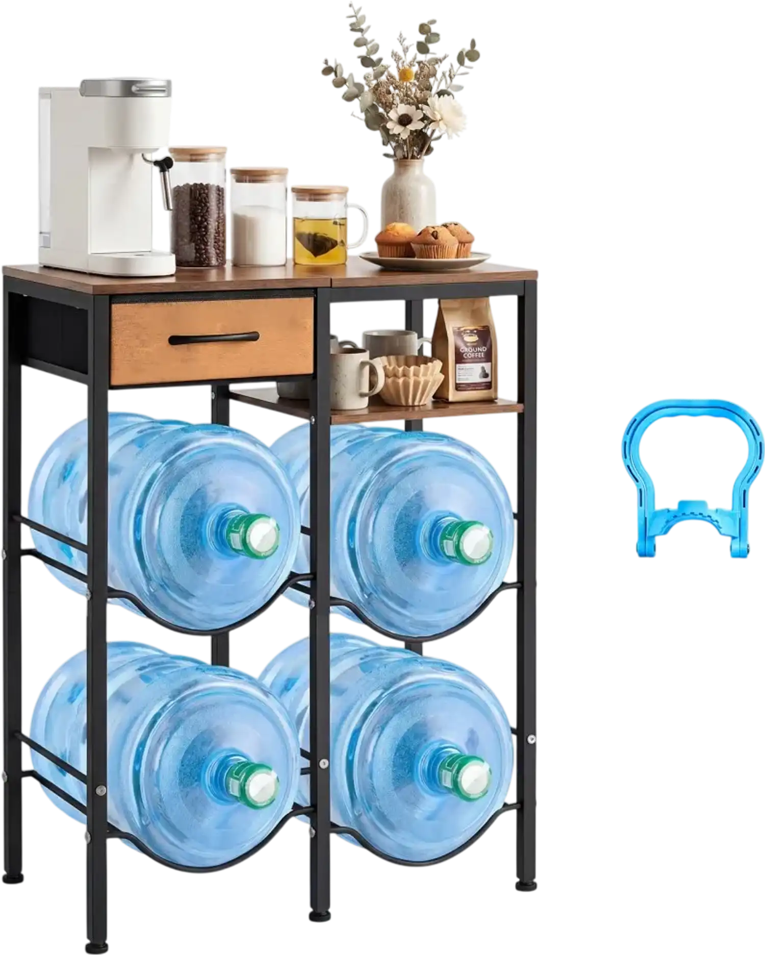 Vevor Water Jug Holder 4-Tier Double Row 3 & 5 Gallon Bottle Rack with Shelf and Drawer New