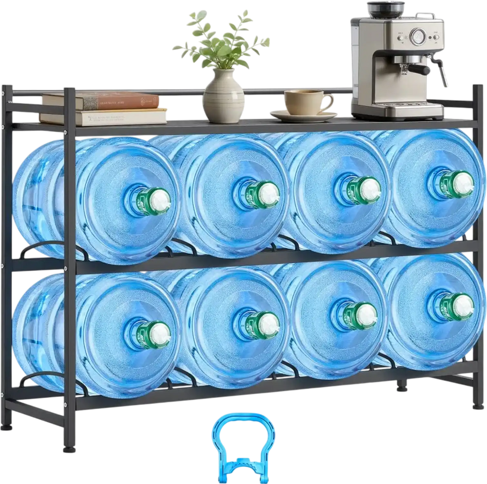 VEVOR Water Jug Holder, 3 Tiers 4 Rows 3 and 5 Gallon Water Bottle Holder for 8 Bottles, Heavy Duty Jug Rack Organizer with Storage Shelf, Angled Design, for Kitchen, Office, Living Room, Black