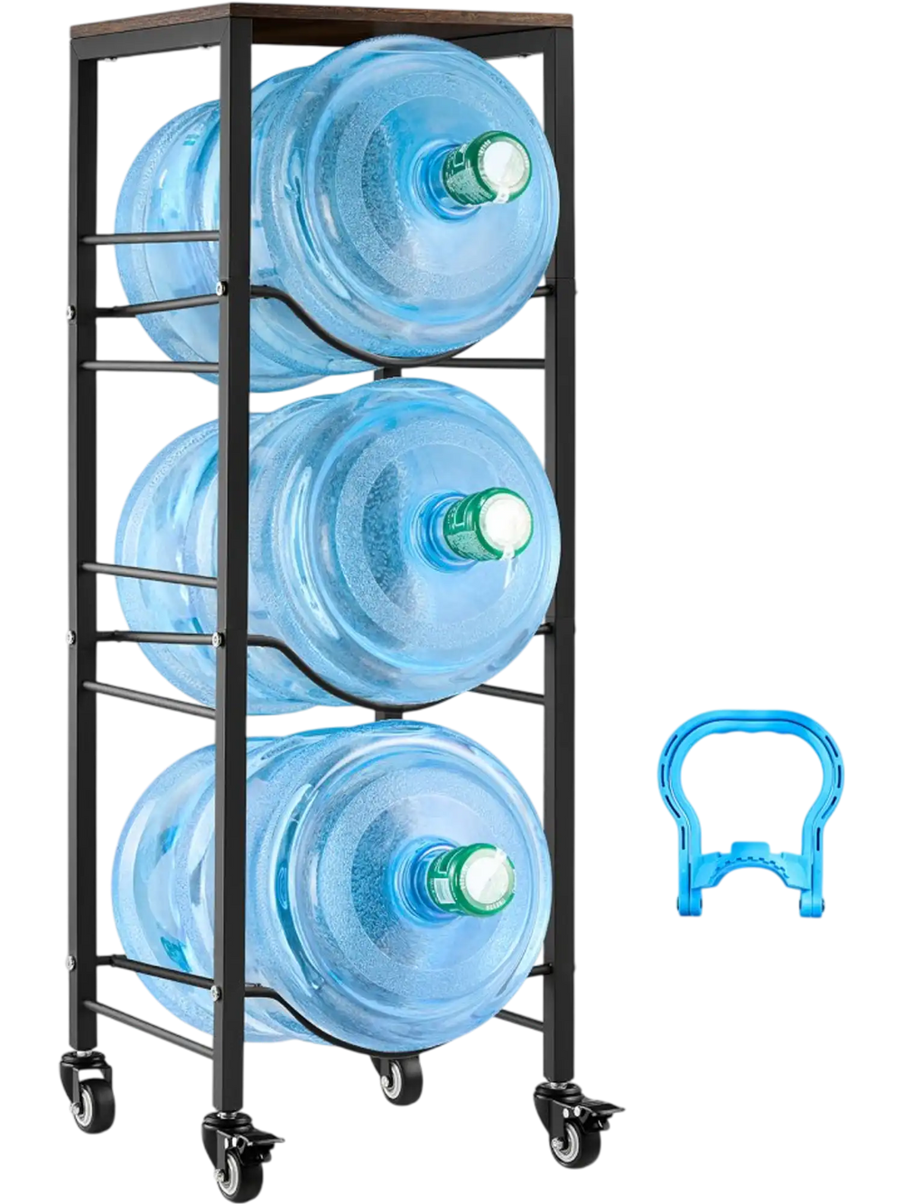 VEVOR Water Jug Holder, 4 Tiers 3 and 5 Gallon Water Bottle Holder for 3 Bottles, Heavy Duty Jug Rack Organizer with Storage Shelf and Casters, for Kitchen, Office, Living Room, Black and Brown