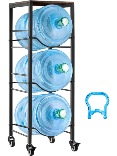VEVOR Water Jug Holder, 4 Tiers 3 and 5 Gallon Water Bottle Holder for 3 Bottles, Heavy Duty Jug Rack Organizer with Storage Shelf and Casters, for Kitchen, Office, Living Room, Black and Brown