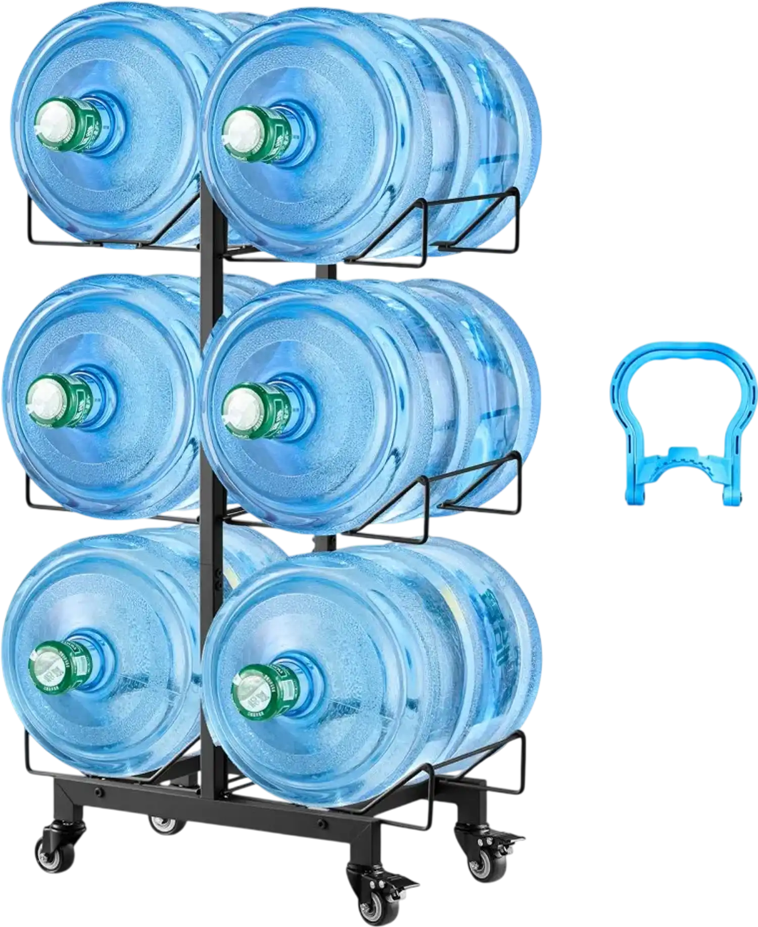 Vevor Water Jug Holder Foldable 3-Tier Double-Row Rack for 6 Bottles with Casters Black New